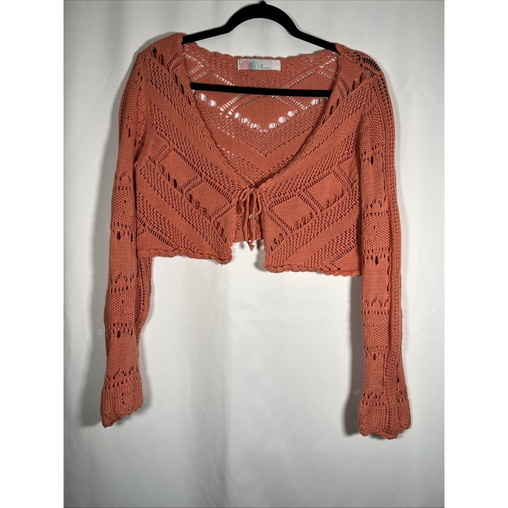 Free People Beach Coral Cropped Tie Front Cardigan Bell Sleeve Size M Boho